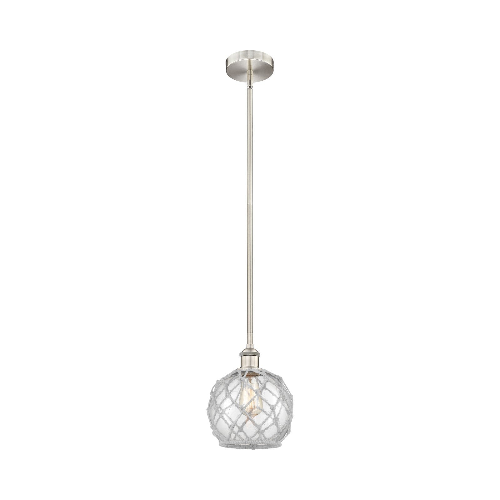 Innovations Farmhouse Rope 8in 1-Light Mini Pendant | Industrial Brushed Satin Nickel Steel and Clear Glass with White Rope | Model 616-1S-SN-G122-8RW-LED