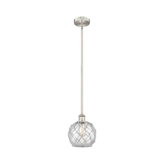 Innovations Farmhouse Rope 8in 1-Light Mini Pendant | Industrial Brushed Satin Nickel Steel and Clear Glass with White Rope | Model 616-1S-SN-G122-8RW-LED
