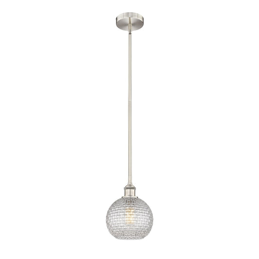 Innovations Athens 8in 1-Light Mini Pendant | Modern Farmhouse Brushed Satin Nickel Steel and Clear Basket Weave Glass | Model 616-1S-SN-G122C-8CL