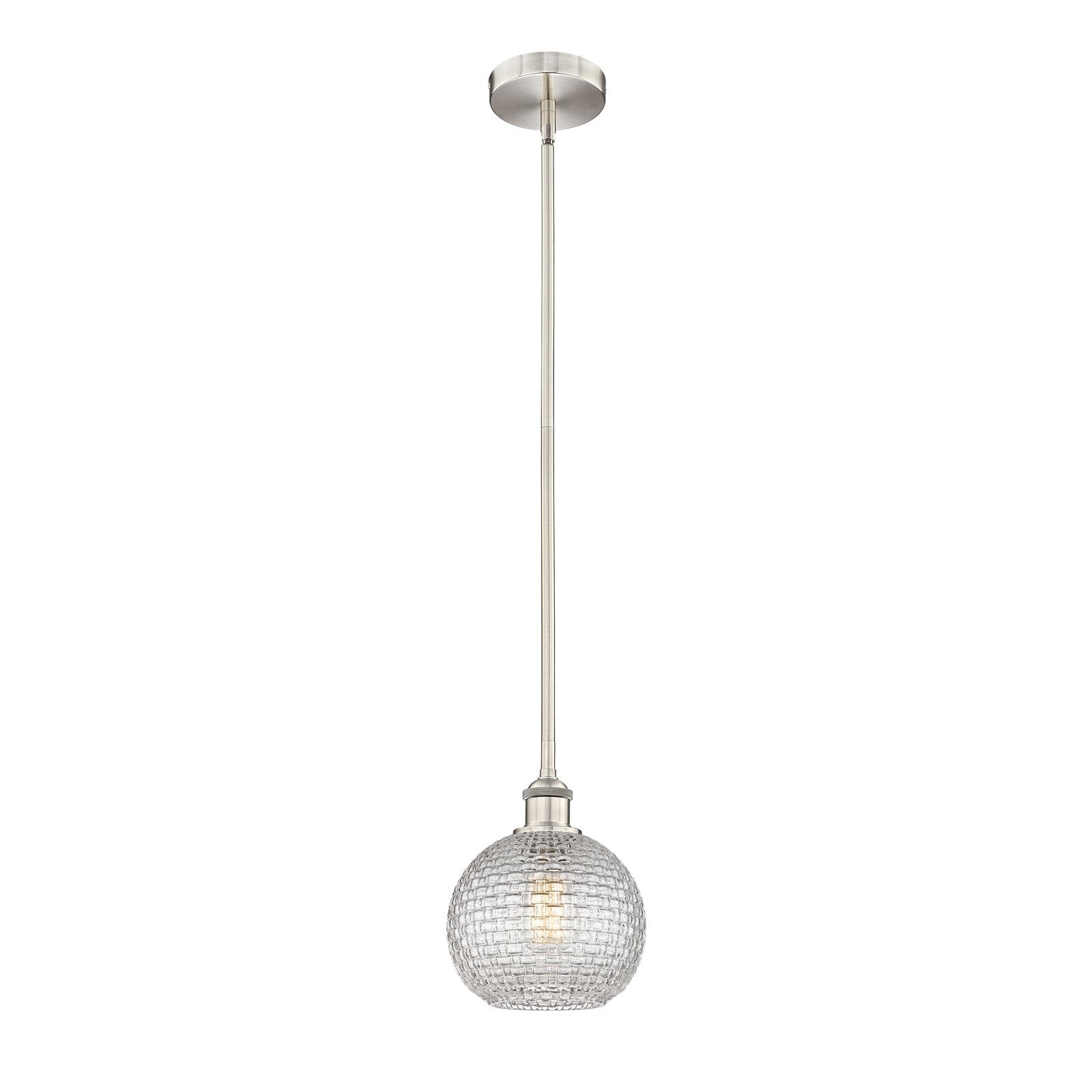 Innovations Athens 8in 1-Light Mini Pendant | Modern Farmhouse Brushed Satin Nickel Steel and Clear Basket Weave Glass | Model 616-1S-SN-G122C-8CL