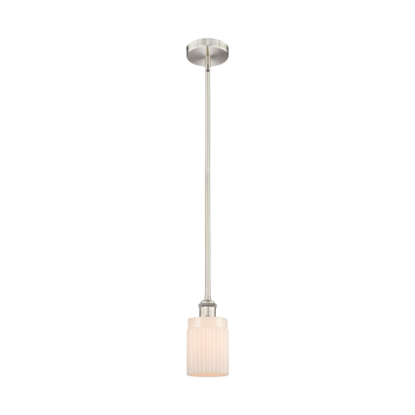 Innovations Hadley 4.5in 1-Light Mini Pendant | Transitional Brushed Satin Nickel and Matte White Ribbed Glass | Kitchen Island | Model 616-1S-SN-G341-LED