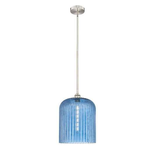 Innovations Bridal Veil 5in 1-Light Mini Pendant | Art Nouveau Brushed Satin Nickel and Princess Blue Ribbed Glass | Kitchen | Model 616-1S-SN-G559-12BL