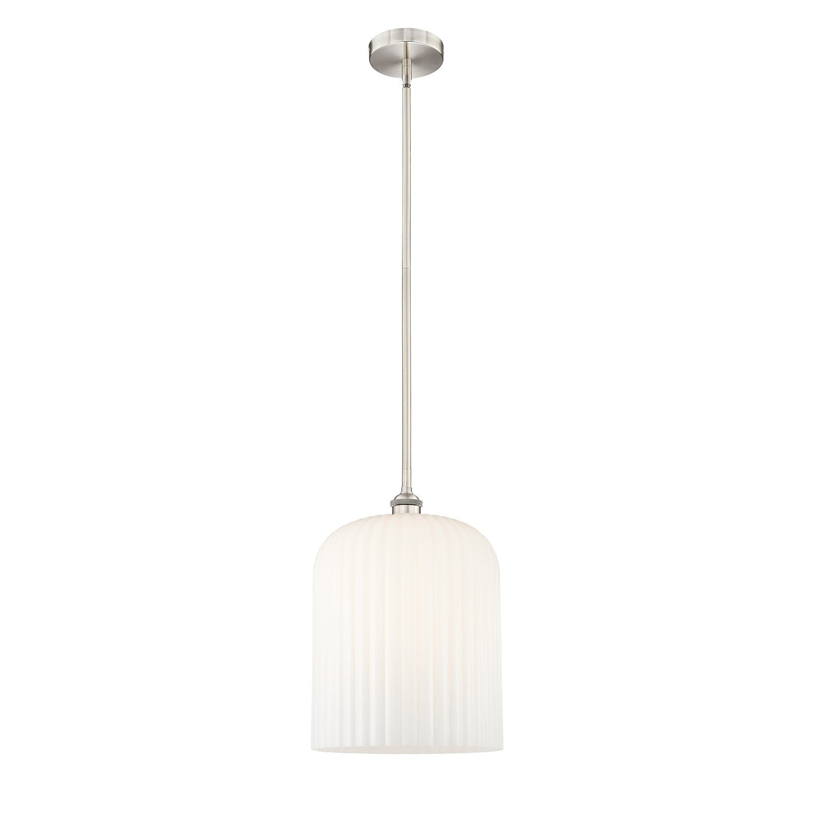 Innovations Bridal Veil 5in 1-Light Mini Pendant | Industrial Brushed Satin Nickel and Gloss White Ribbed Glass | Kitchen | Model 616-1S-SN-G559-12GWH