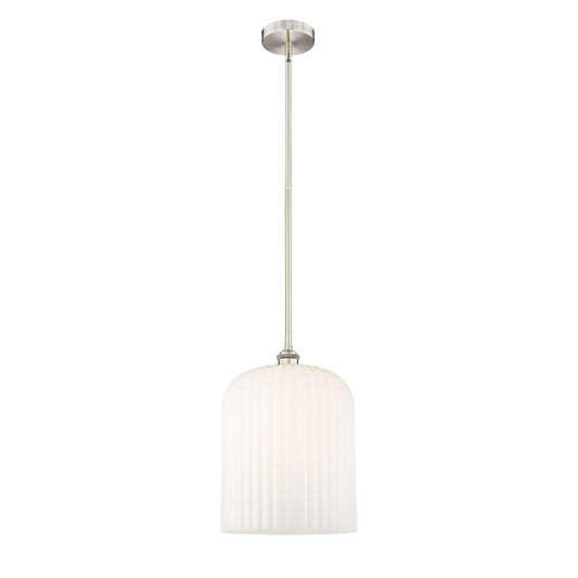 Innovations Bridal Veil 5in 1-Light Mini Pendant | Industrial Brushed Satin Nickel and Gloss White Ribbed Glass | Kitchen | Model 616-1S-SN-G559-12GWH