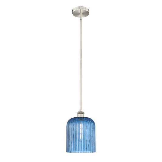 Innovations Bridal Veil 5in 1-Light Mini Pendant | Art Nouveau Brushed Satin Nickel and Princess Blue Ribbed Glass | Kitchen | Model 616-1S-SN-G559-8BL