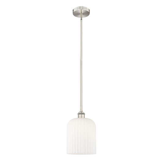 Innovations Bridal Veil 5in 1-Light Mini Pendant | Art Nouveau Brushed Satin Nickel and Gloss White Ribbed Glass | Kitchen | Model 616-1S-SN-G559-8GWH