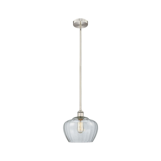 Innovations Fenton 11in 1-Light Mini Pendant | Industrial Brushed Satin Nickel Steel and Clear Ribbed Glass | Kitchen Island & | Model 616-1S-SN-G92-L-LED