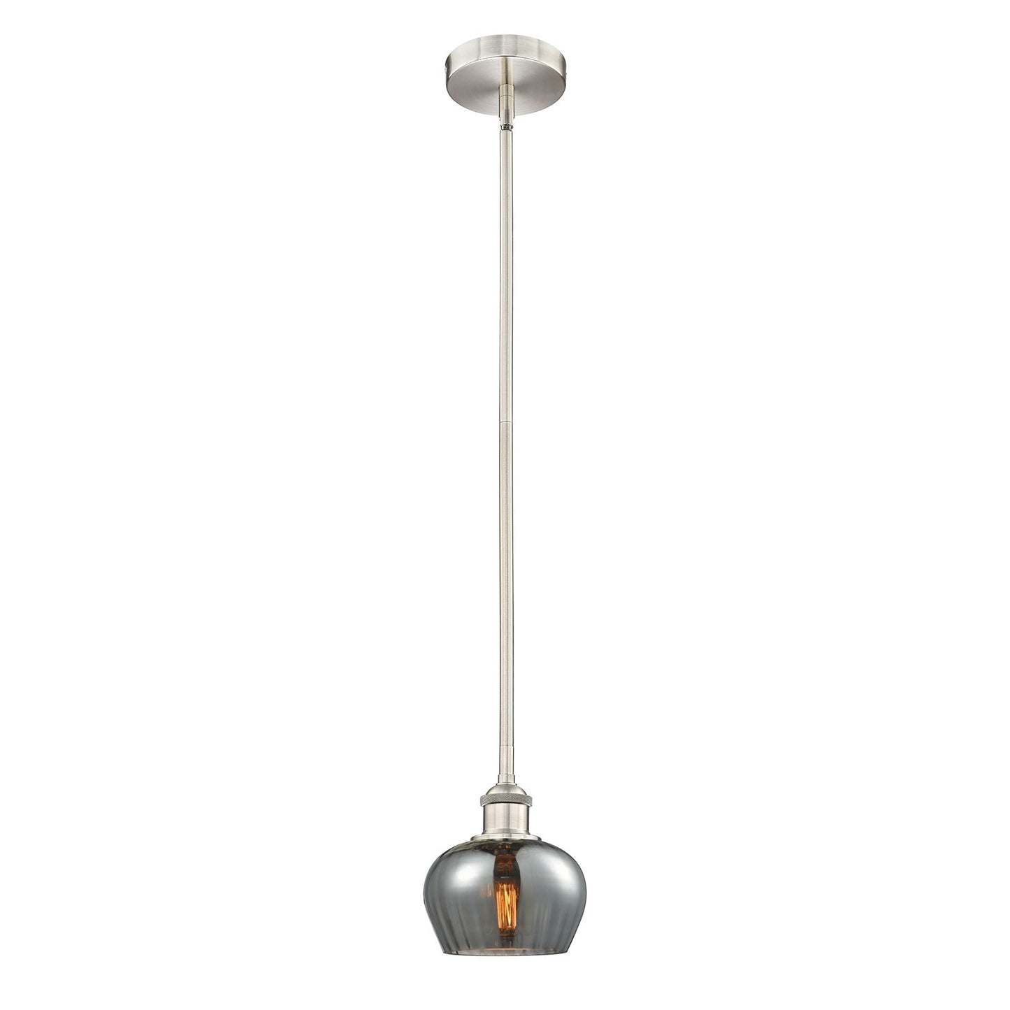 Innovations Fenton 1-Light 6.5in Mini Pendant | Industrial Brushed Satin Nickel and Light Smoke Ribbed Glass | Kitchen Island & | Model 616-1S-SN-G93