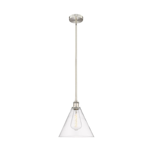 Innovations Berkshire 12in 1-Light Mini Pendant | Industrial Brushed Satin Nickel and Clear Cone Glass | Kitchen Island & | Model 616-1S-SN-GBC-122-LED