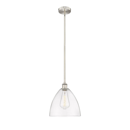 Innovations Bristol 12in 1-Light Mini Pendant | Industrial Brushed Satin Nickel Steel and Clear Glass | Kitchen Island & | Model 616-1S-SN-GBD-122-LED