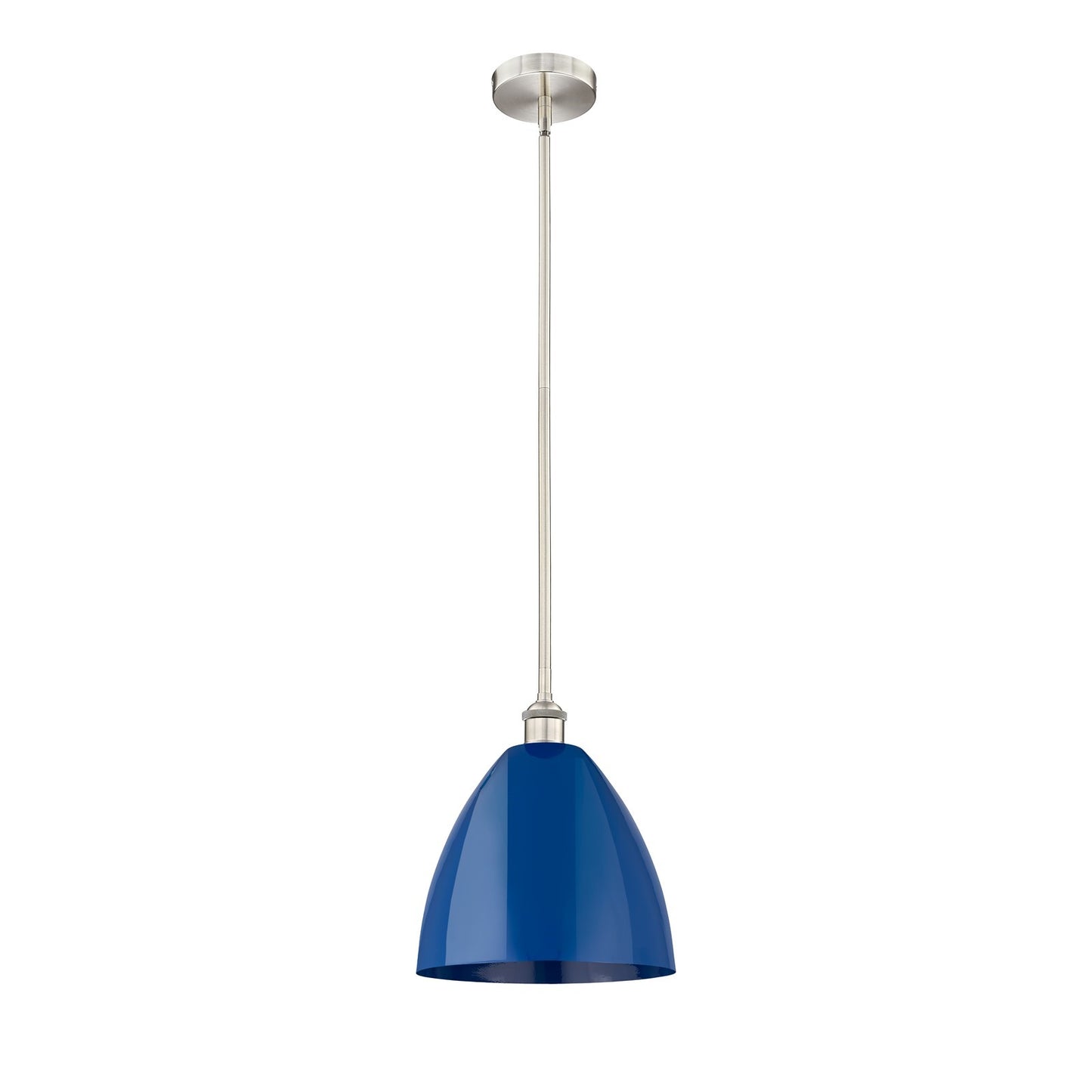 Innovations Plymouth 12in 1-Light Mini Pendant | Industrial Farmhouse Brushed Satin Nickel and Matte Blue Metal | Kitchen | Model 616-1S-SN-MBD-12-BL-LED