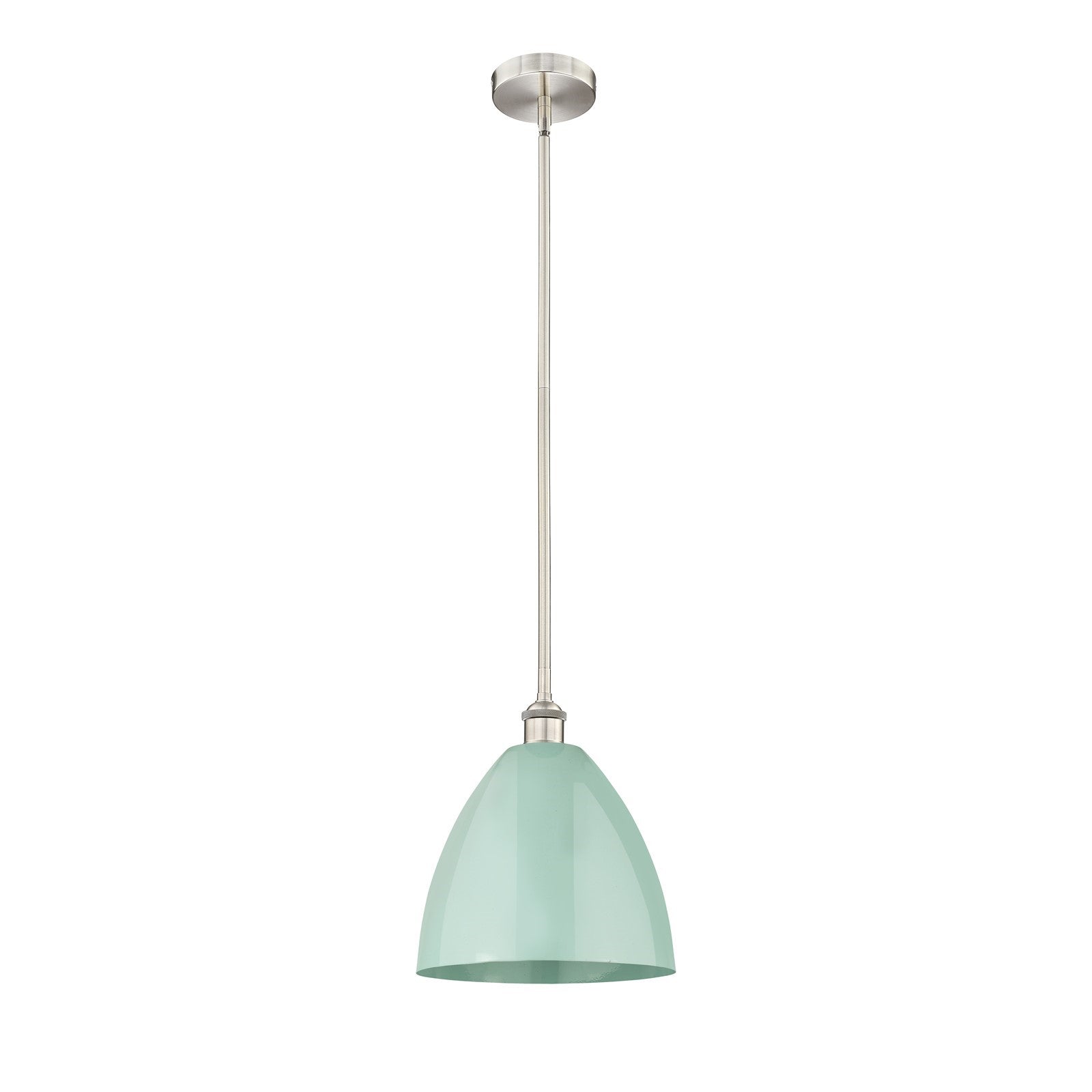 Innovations Plymouth 12in 1-Light Mini Pendant | Industrial Farmhouse Brushed Satin Nickel and Matte Seafoam Metal Shade | Model 616-1S-SN-MBD-12-SF