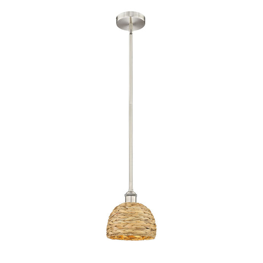 Innovations Woven Rattan 8in 1-Light Mini Pendant | Rustic Farmhouse Satin Nickel and Natural Woven Rattan Shade | Kitchen | Model 616-1S-SN-RBD-8-NAT