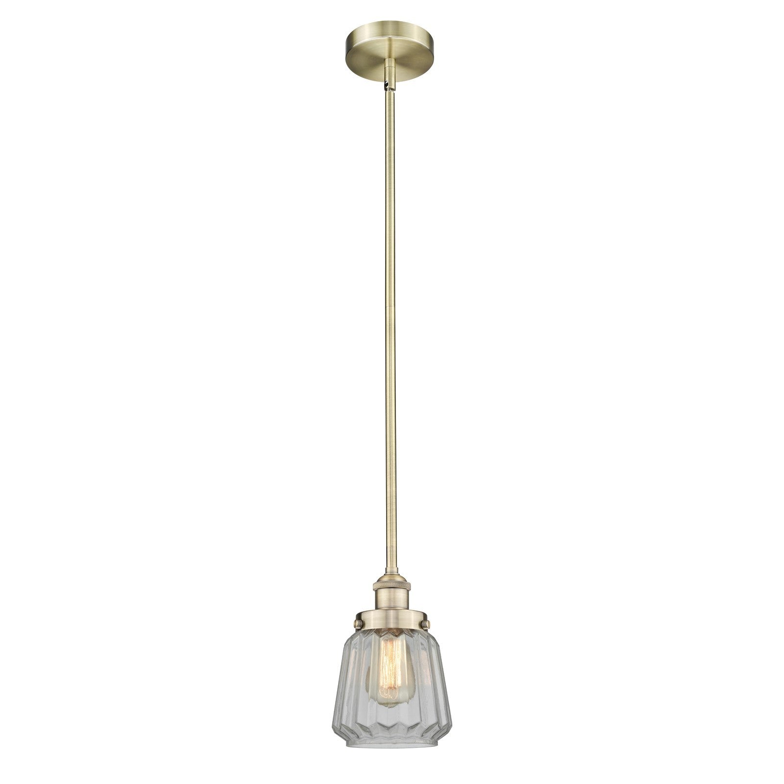 Innovations Chatham 7in 1-Light Mini Pendant | Art Deco Industrial Antique Brass and Clear Ribbed Glass | Kitchen Island & Dining | Model 616-1SH-AB-G142
