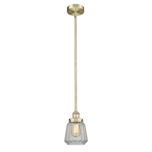 Innovations Chatham 7in 1-Light Mini Pendant | Art Deco Industrial Antique Brass and Clear Ribbed Glass | Kitchen Island & Dining | Model 616-1SH-AB-G142