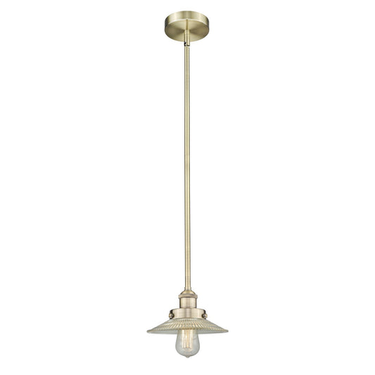 Innovations Halophane 9in 1-Light Mini Pendant | Industrial Antique Brass Steel and Clear Halophane Glass | Kitchen Island & Dining | Model 616-1SH-AB-G2