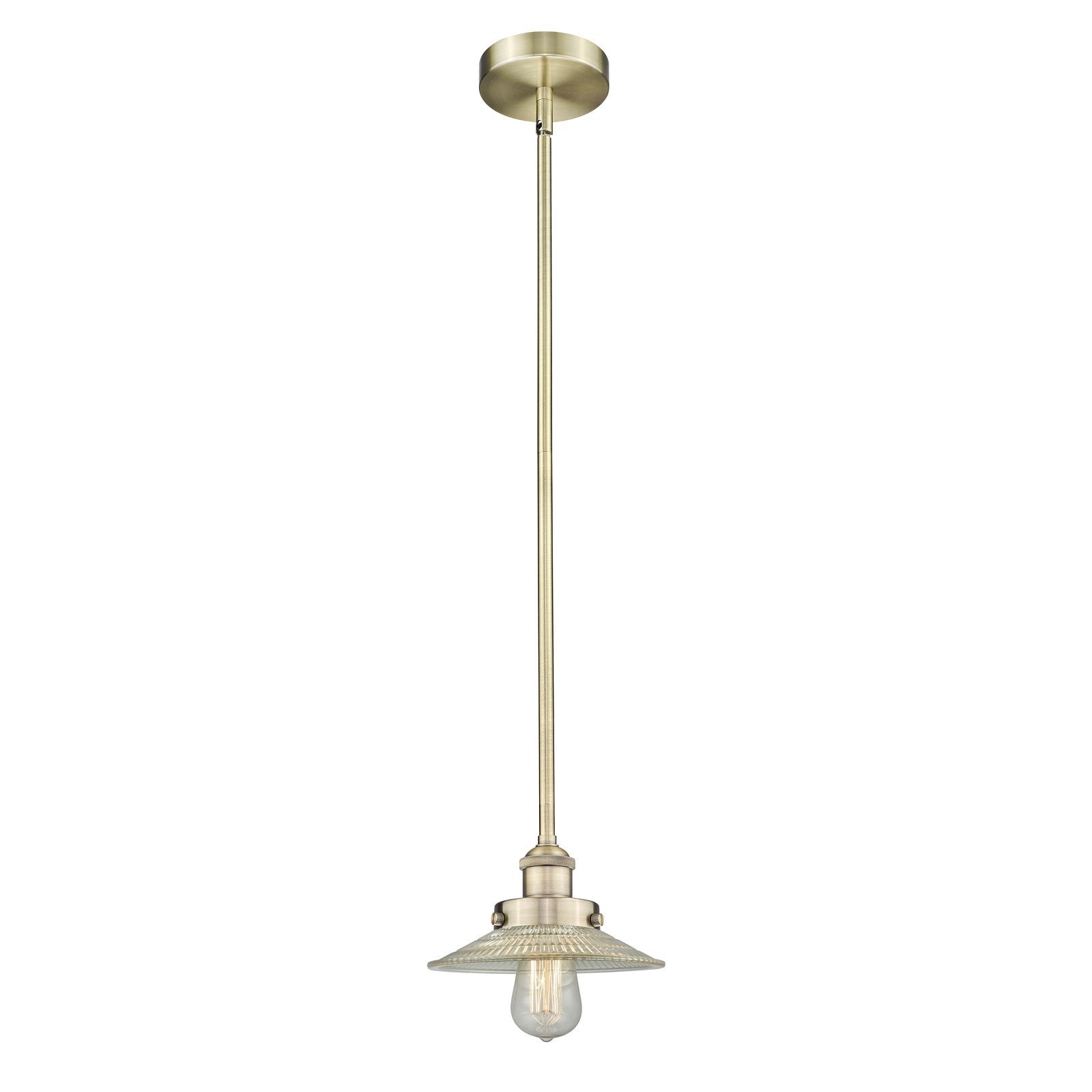 Innovations Halophane 9in 1-Light Mini Pendant | Industrial Antique Brass Steel and Clear Halophane Glass | Kitchen Island & Dining | Model 616-1SH-AB-G2
