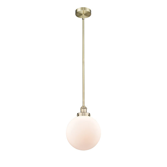Innovations Beacon 10in 1-Light Mini Pendant | Industrial Antique Brass and Matte White Frosted Glass | Kitchen Island & Dining | Model 616-1SH-AB-G201-10