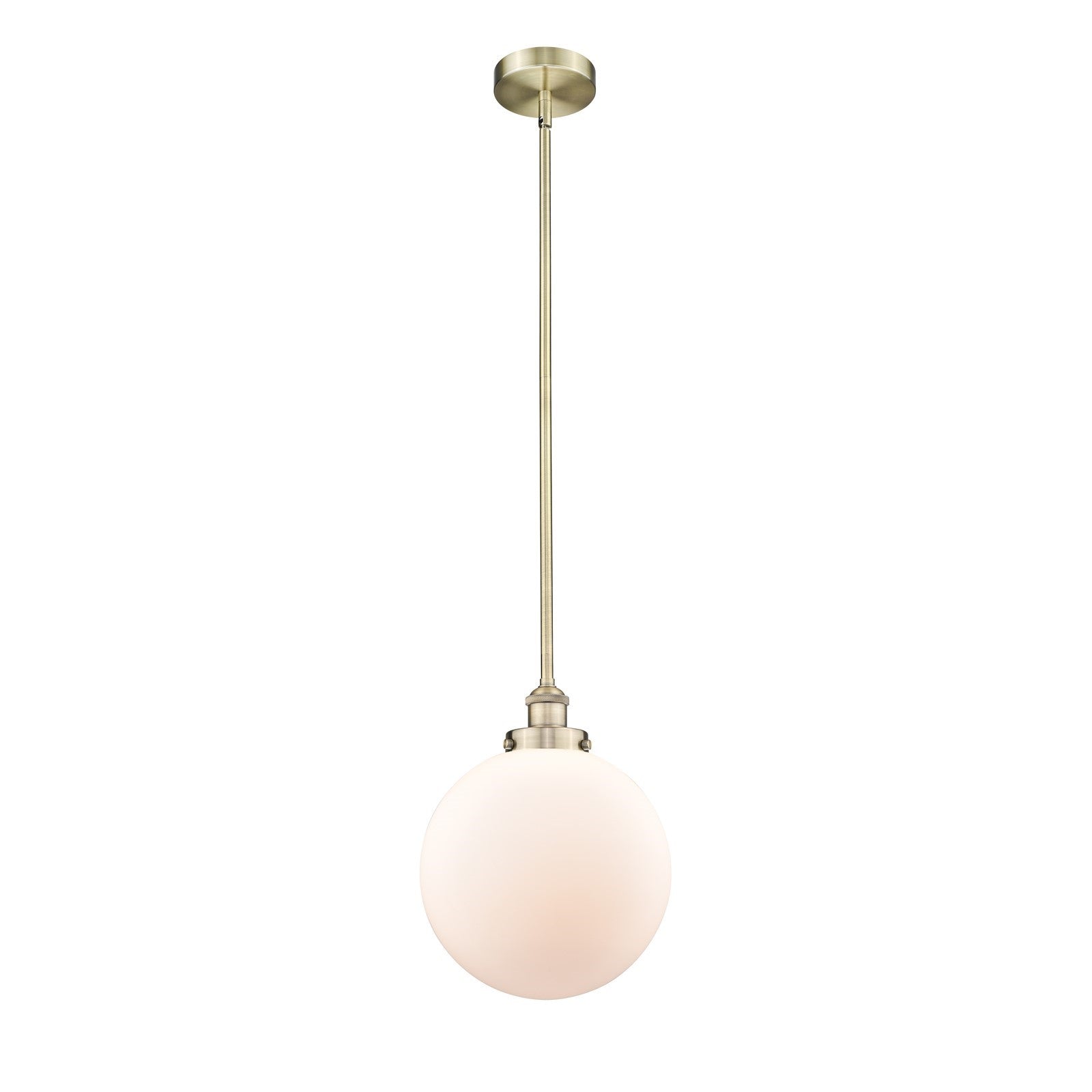 Innovations Beacon 12in 1-Light Mini Pendant | Industrial Antique Brass Steel and Matte White Frosted Glass | Kitchen | Model 616-1SH-AB-G201-12-LED