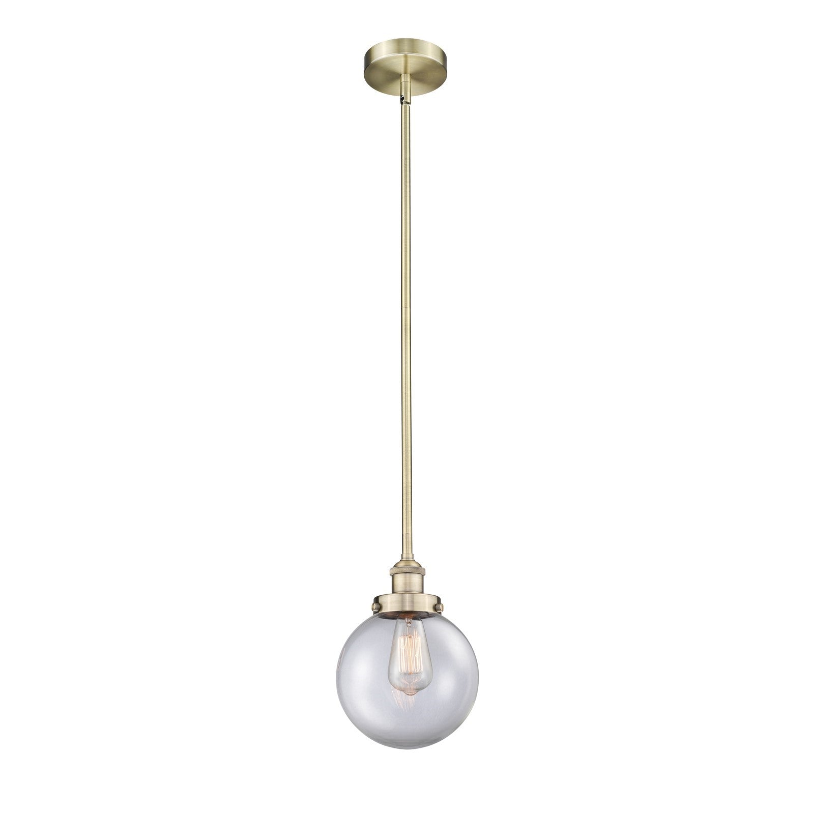 Innovations Beacon 8in 1-Light Mini Pendant | Industrial Antique Brass and Clear Glass | Kitchen Island & Dining Room | Damp | Model 616-1SH-AB-G202-8