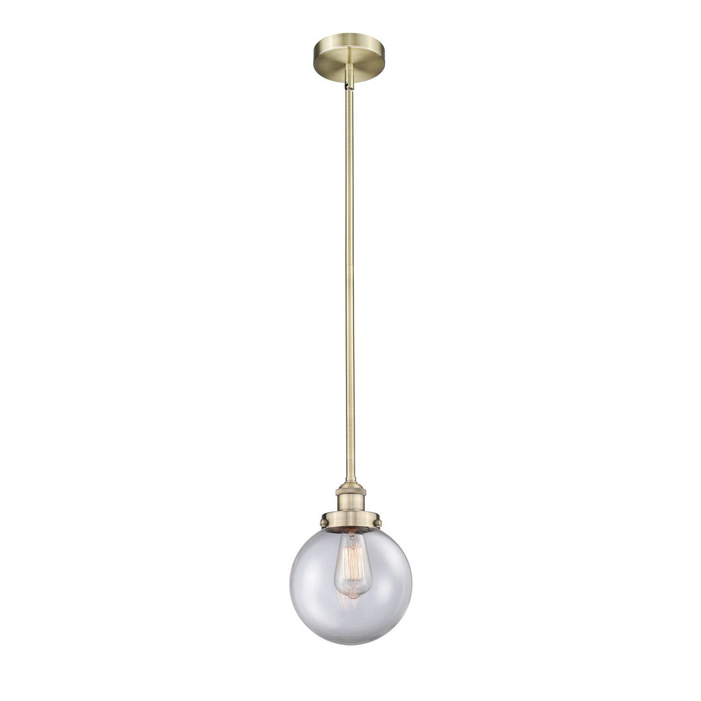 Innovations Beacon 8in 1-Light Mini Pendant | Industrial Antique Brass and Clear Glass | Kitchen Island & Dining Room | Damp | Model 616-1SH-AB-G202-8