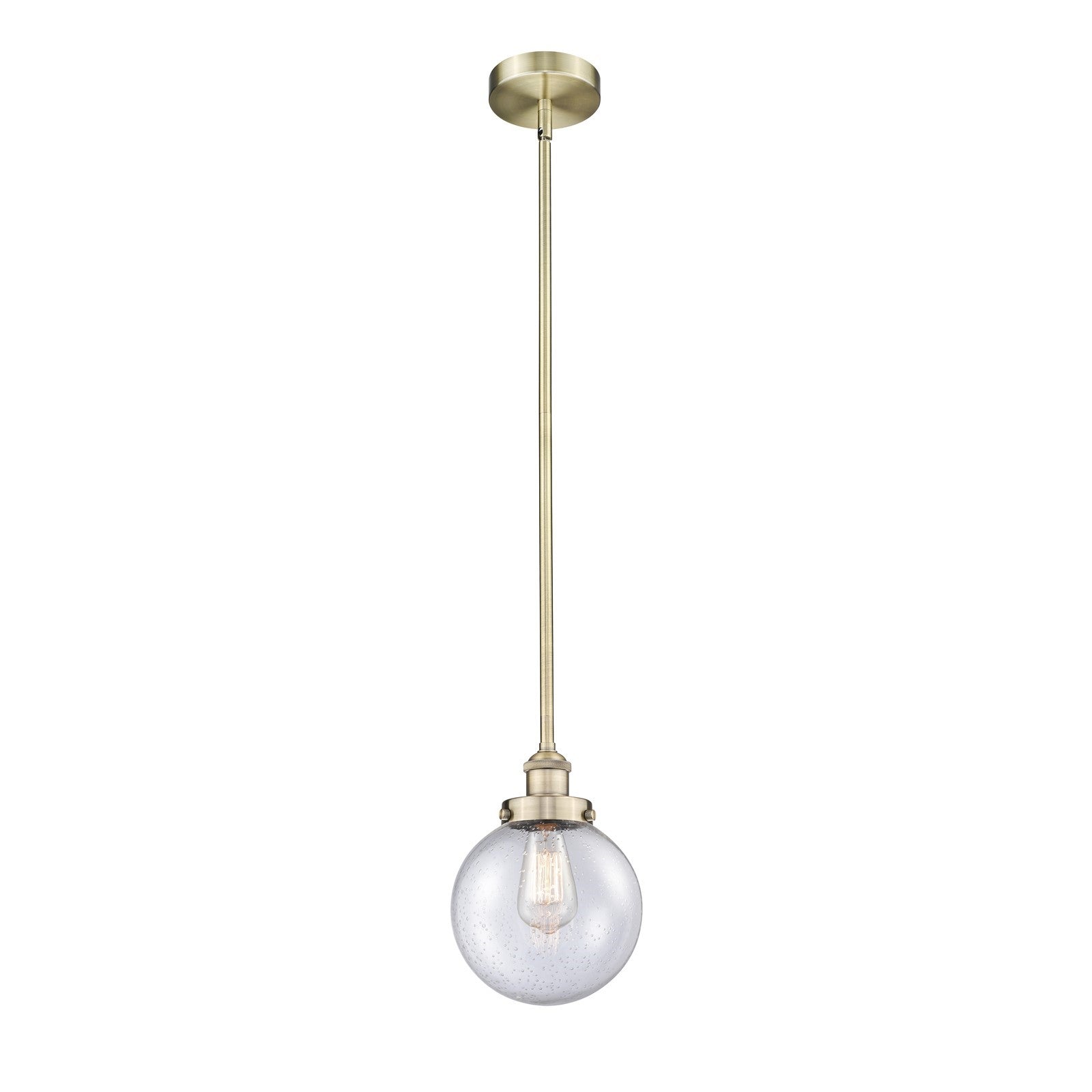 Innovations Beacon 8in 1-Light Mini Pendant | Industrial Antique Brass Steel and Seedy Glass | Kitchen Island & Dining Room | Model 616-1SH-AB-G204-8