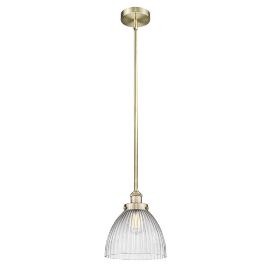 Innovations Seneca Falls 9.5in 1-Light Mini Pendant | Traditional Industrial Antique Brass and Clear Halophane Glass | Kitchen | Model 616-1SH-AB-G222-LED