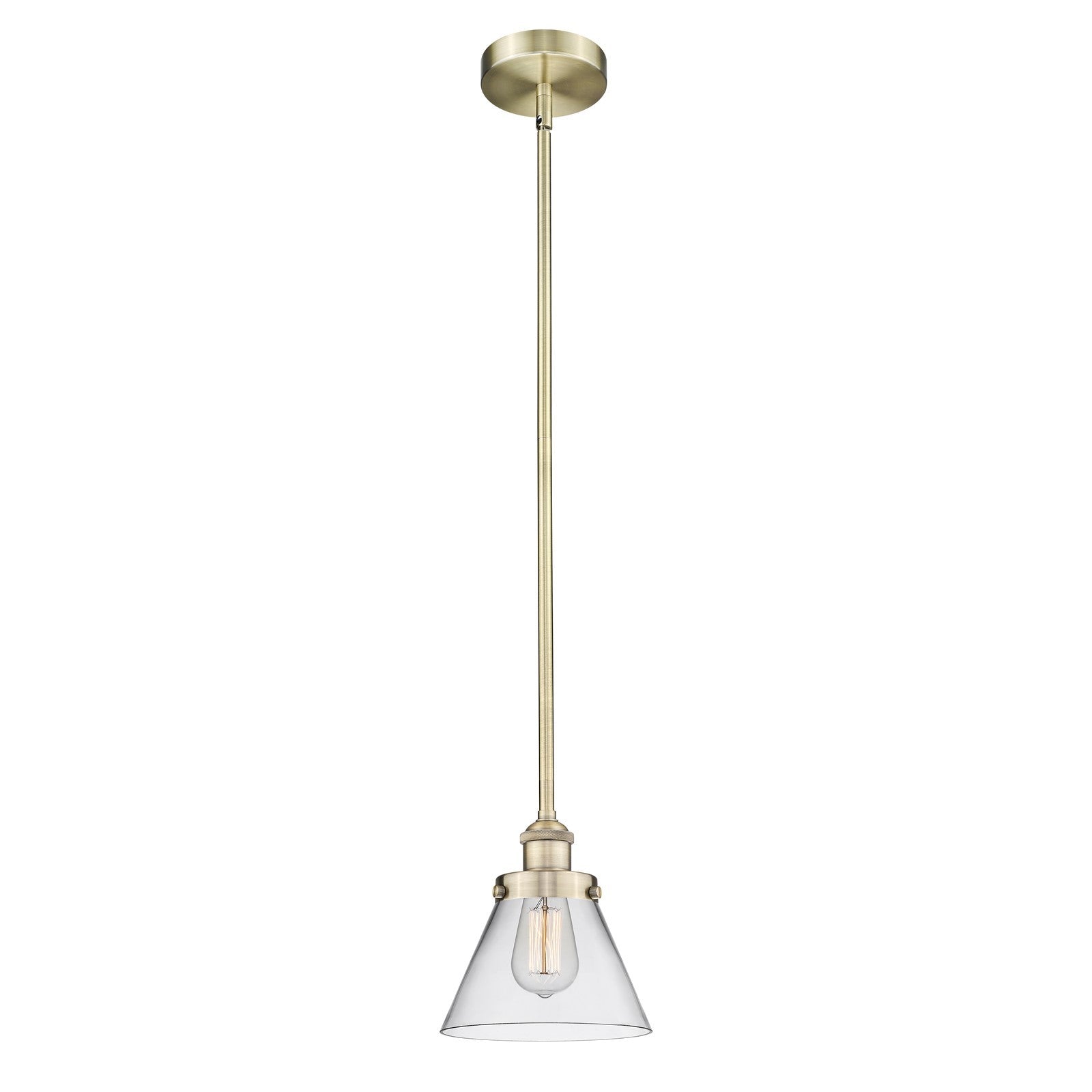 Innovations Cone 8in 1-Light Mini Pendant | Industrial Farmhouse Antique Brass Steel and Clear Glass | Kitchen Island & Dining Room | Model 616-1SH-AB-G42