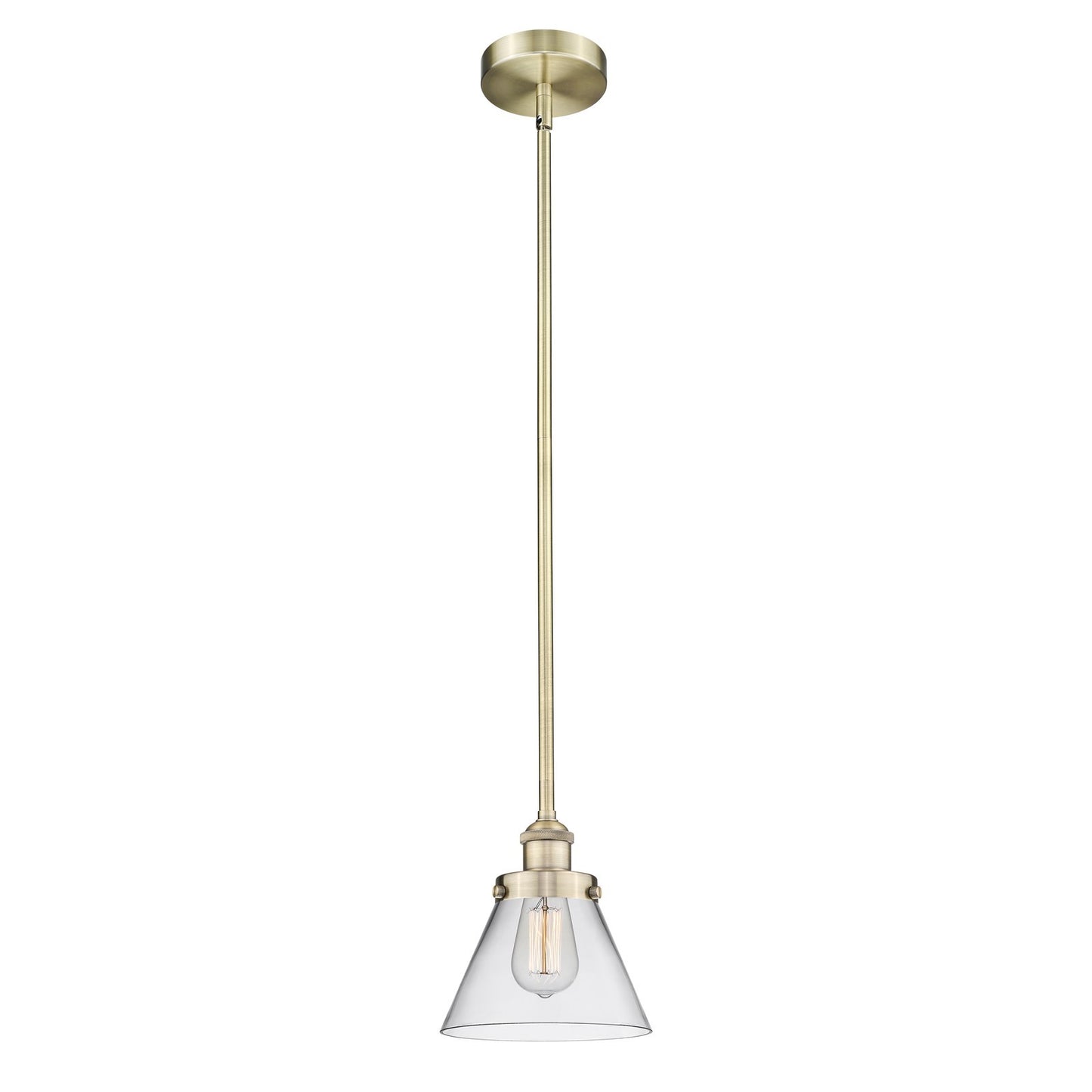 Innovations Cone 1-Light 7.75in Mini Pendant | Industrial Antique Brass Steel and Clear Glass | Kitchen Island & Dining Room | Model 616-1SH-AB-G42-LED