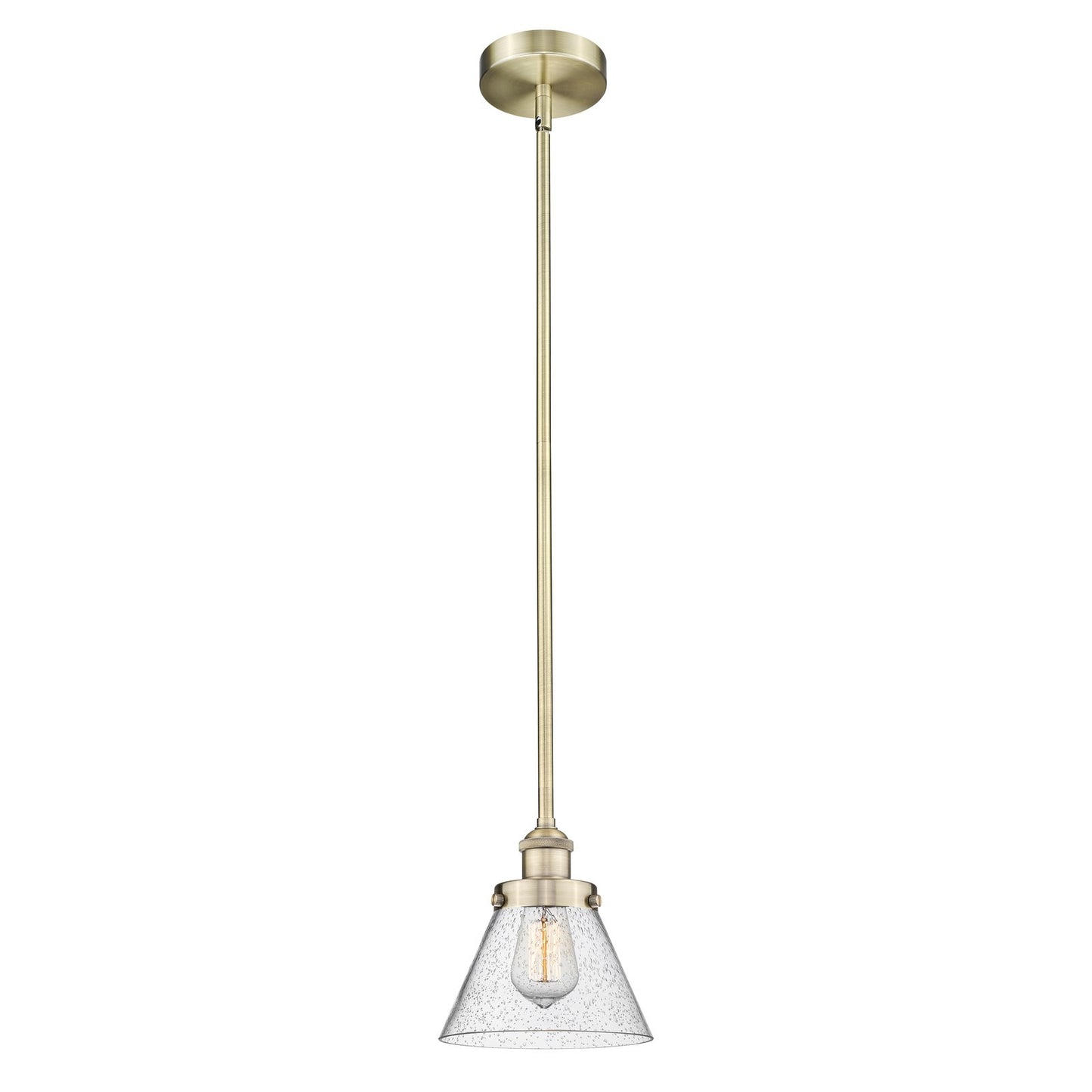 Innovations Cone 1-Light 7.75in Mini Pendant | Industrial Farmhouse Antique Brass Steel and Seedy Glass | Kitchen Island & | Model 616-1SH-AB-G44-LED