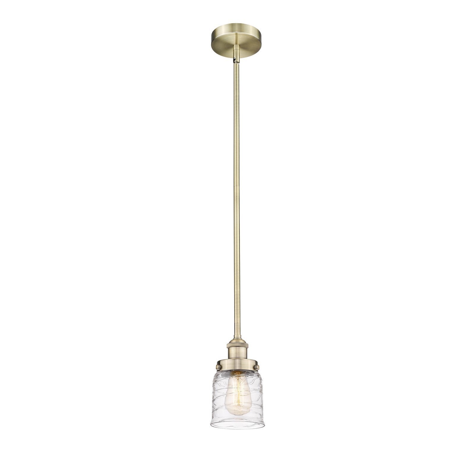 Innovations Bell 5in 1-Light Mini Pendant | Industrial Antique Brass Steel and Clear Deco Swirl Glass | Kitchen Island & Dining | Model 616-1SH-AB-G513