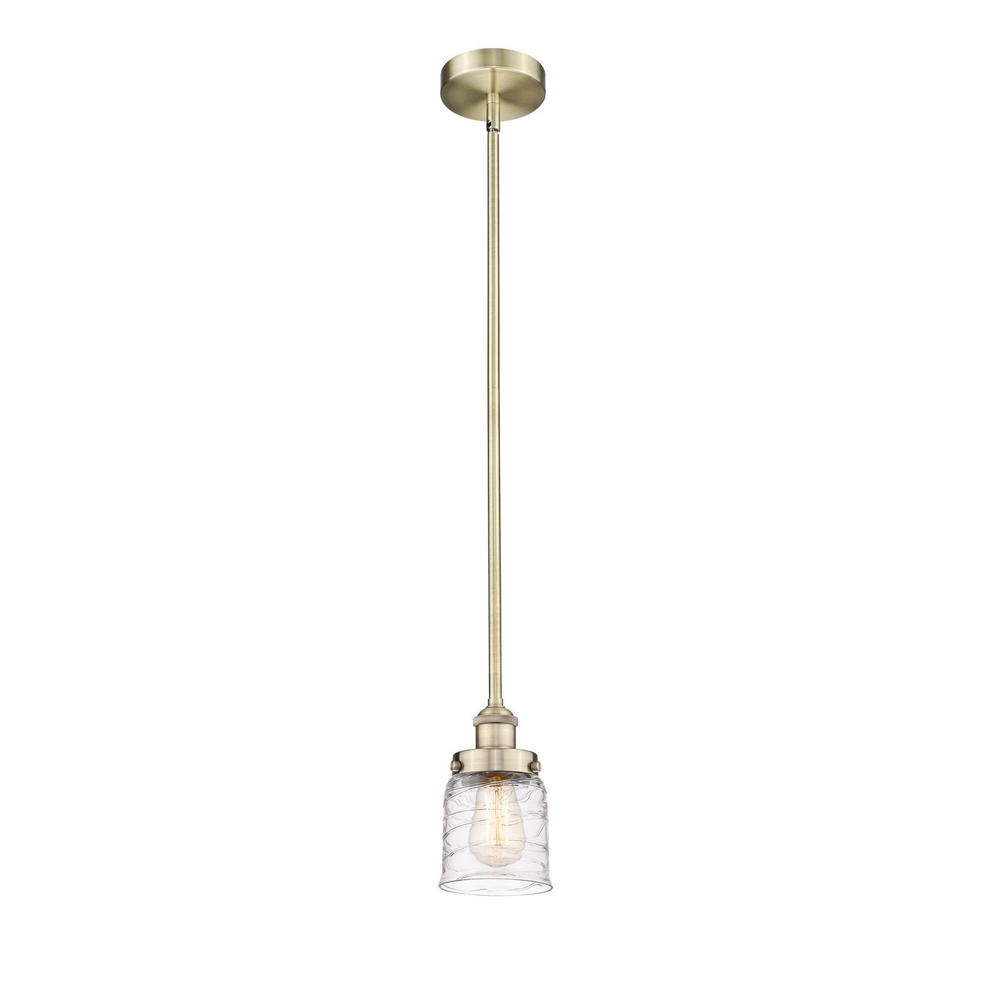 Innovations Bell 5in 1-Light Mini Pendant | Industrial Antique Brass Steel and Clear Deco Swirl Glass | Kitchen Island & Dining | Model 616-1SH-AB-G513