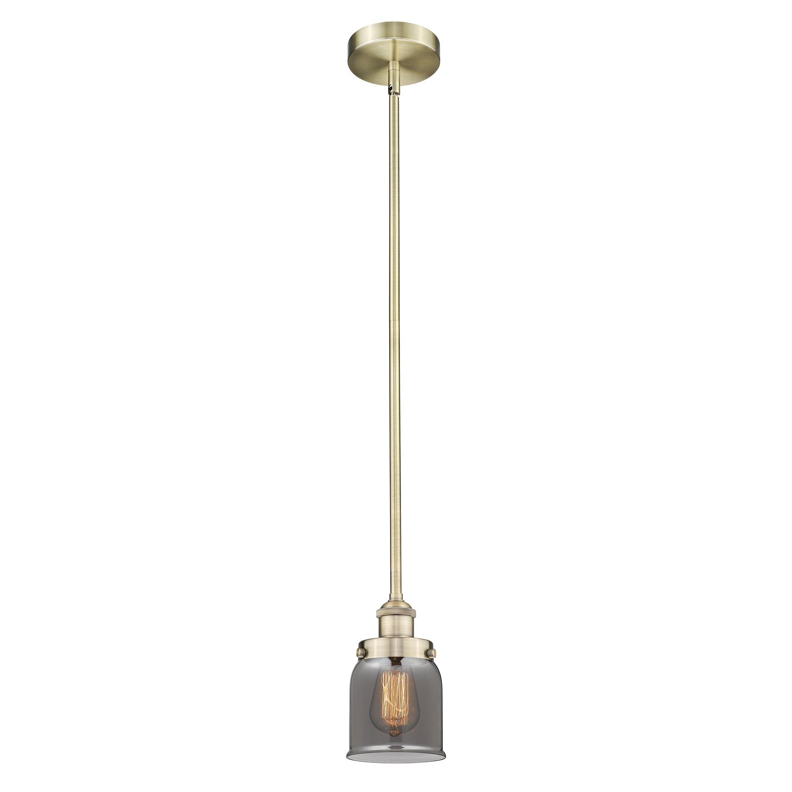 Innovations Bell 5in 1-Light Mini Pendant | Industrial Antique Brass Steel and Light Smoke Glass | Kitchen Island & Dining Room | 5 | Model 616-1SH-AB-G53