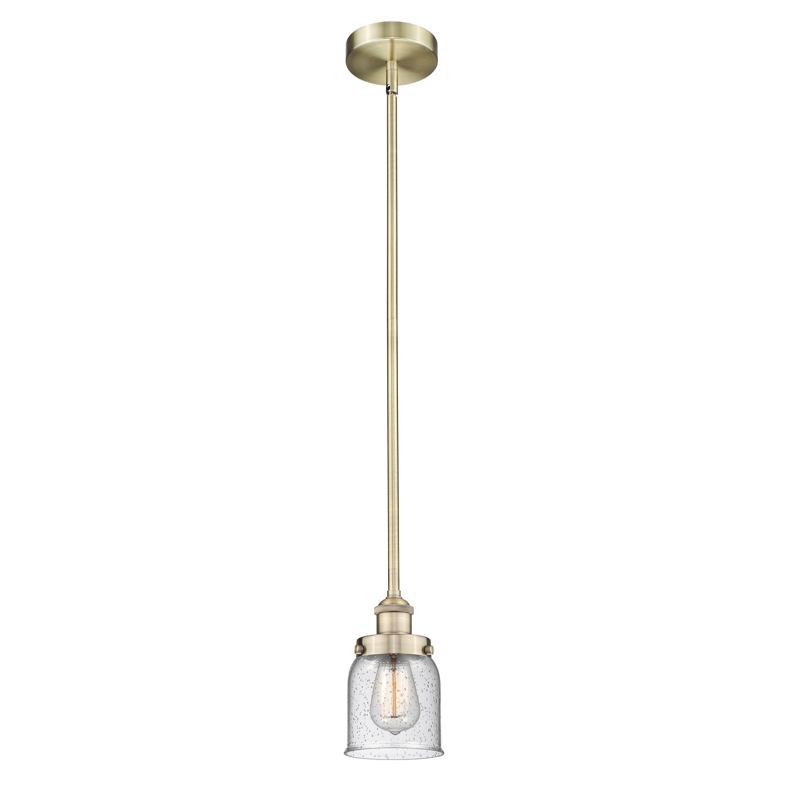 Innovations Bell 5in 1-Light Mini Pendant | Industrial Farmhouse Antique Brass Steel and Seedy Glass | Kitchen Island & Dining | Model 616-1SH-AB-G54-LED