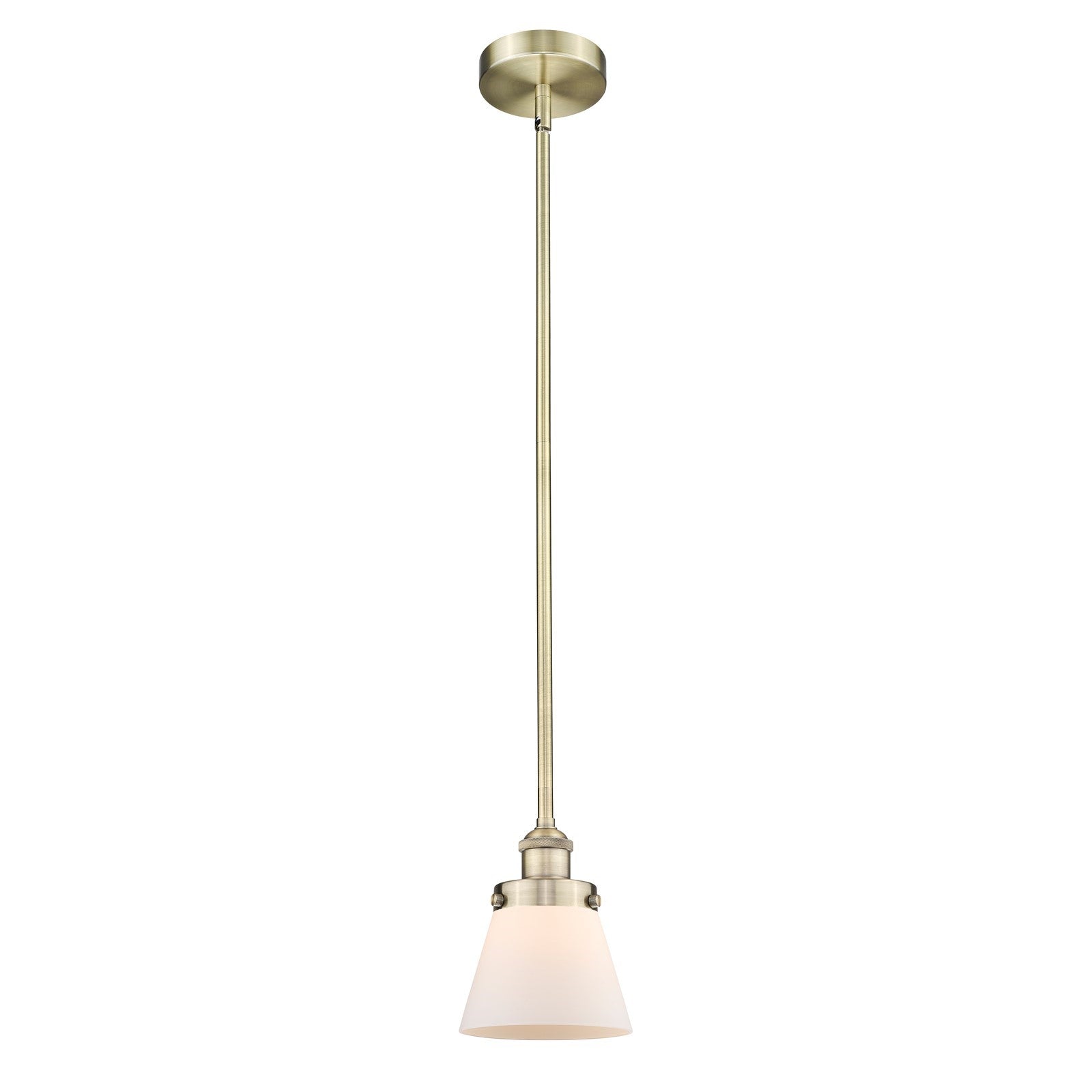 Innovations Cone 6.25in 1-Light Mini Pendant | Industrial Antique Brass and Matte White Frosted Glass | Kitchen Island & Dining | Model 616-1SH-AB-G61