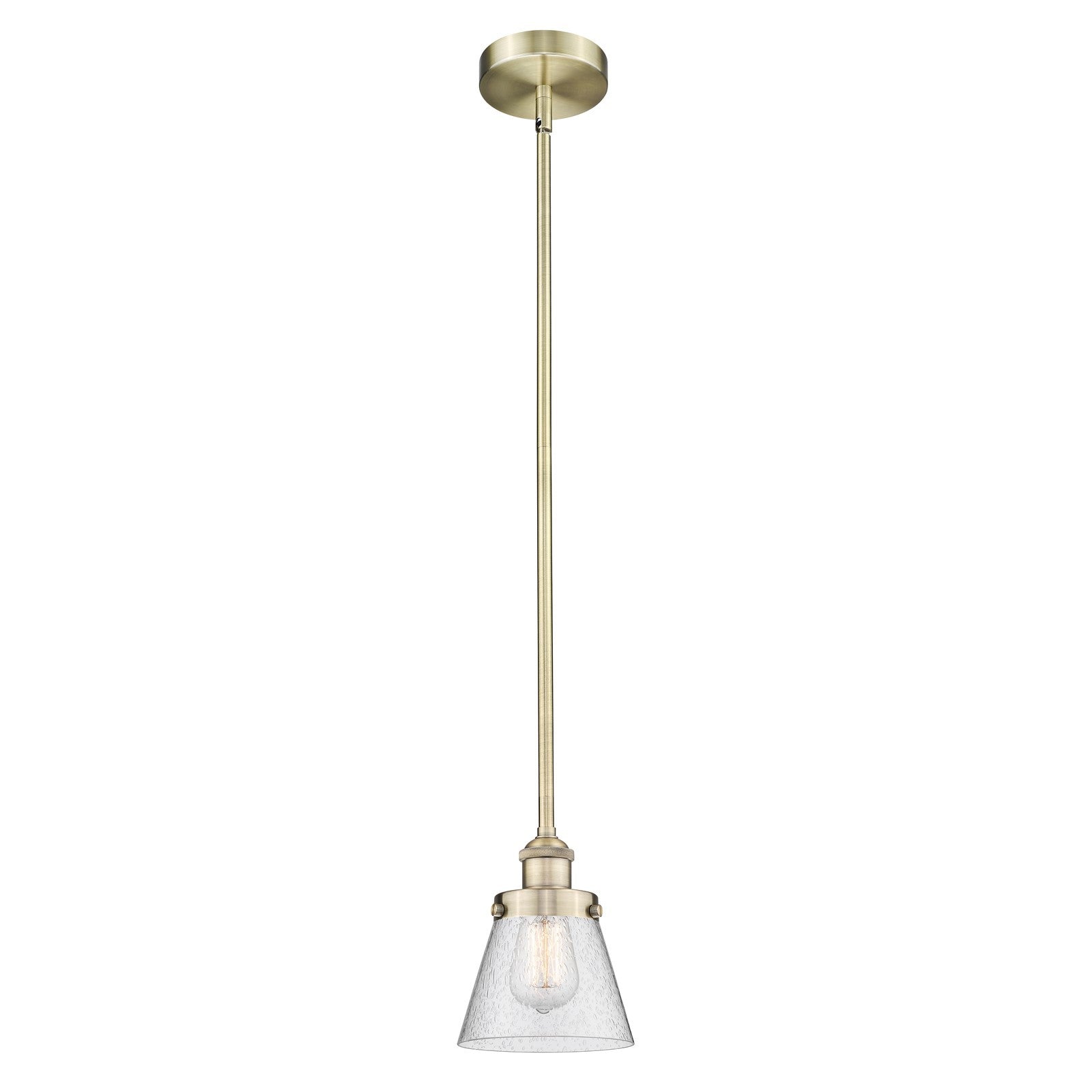 Innovations Cone 6.25in 1-Light Mini Pendant | Industrial Antique Brass Steel and Seedy Glass | Kitchen Island & Dining Room | Model 616-1SH-AB-G64-LED