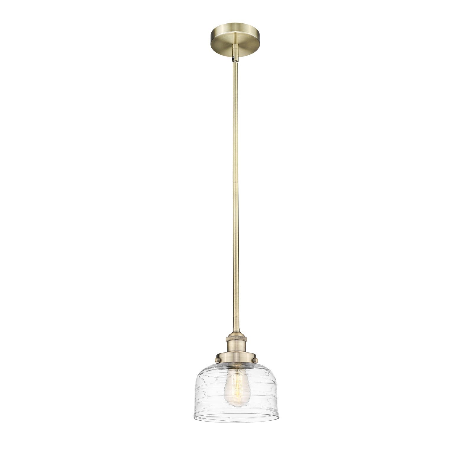 Innovations Bell 8in 1-Light Mini Pendant | Industrial Farmhouse Antique Brass Steel and Clear Deco Swirl Glass | Kitchen Island & | Model 616-1SH-AB-G713