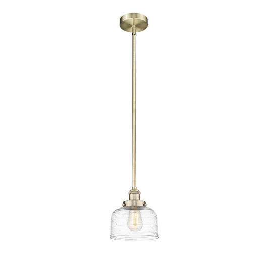 Innovations Bell 8in 1-Light Mini Pendant | Industrial Farmhouse Antique Brass Steel and Clear Deco Swirl Glass | Kitchen Island & | Model 616-1SH-AB-G713