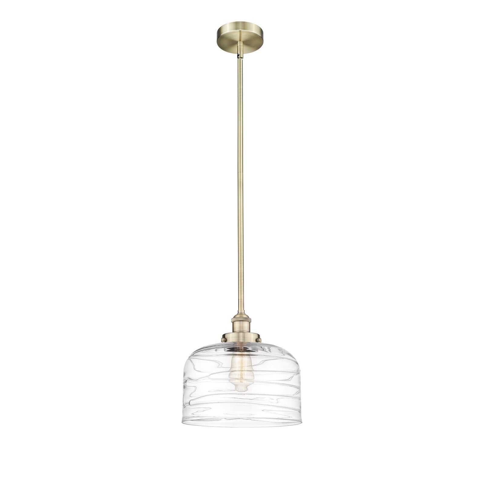 Innovations Bell 12in 1-Light Mini Pendant | Industrial Antique Brass Steel and Clear Deco Swirl Glass | Kitchen Island & Dining | Model 616-1SH-AB-G713-L