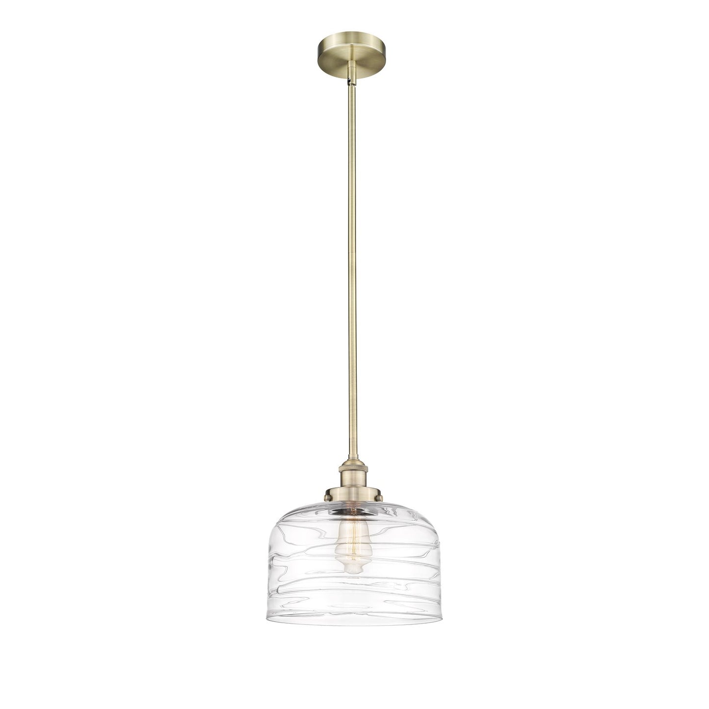 Innovations Bell 12in 1-Light Mini Pendant | Industrial Antique Brass Steel and Clear Deco Swirl Glass | Kitchen Island & Dining | Model 616-1SH-AB-G713-L