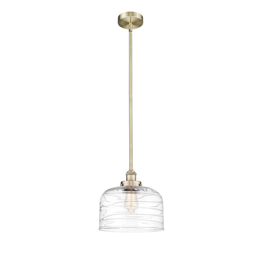 Innovations Bell 12in 1-Light Mini Pendant | Industrial Antique Brass Steel and Clear Deco Swirl Glass | Kitchen Island & | Model 616-1SH-AB-G713-L-LED