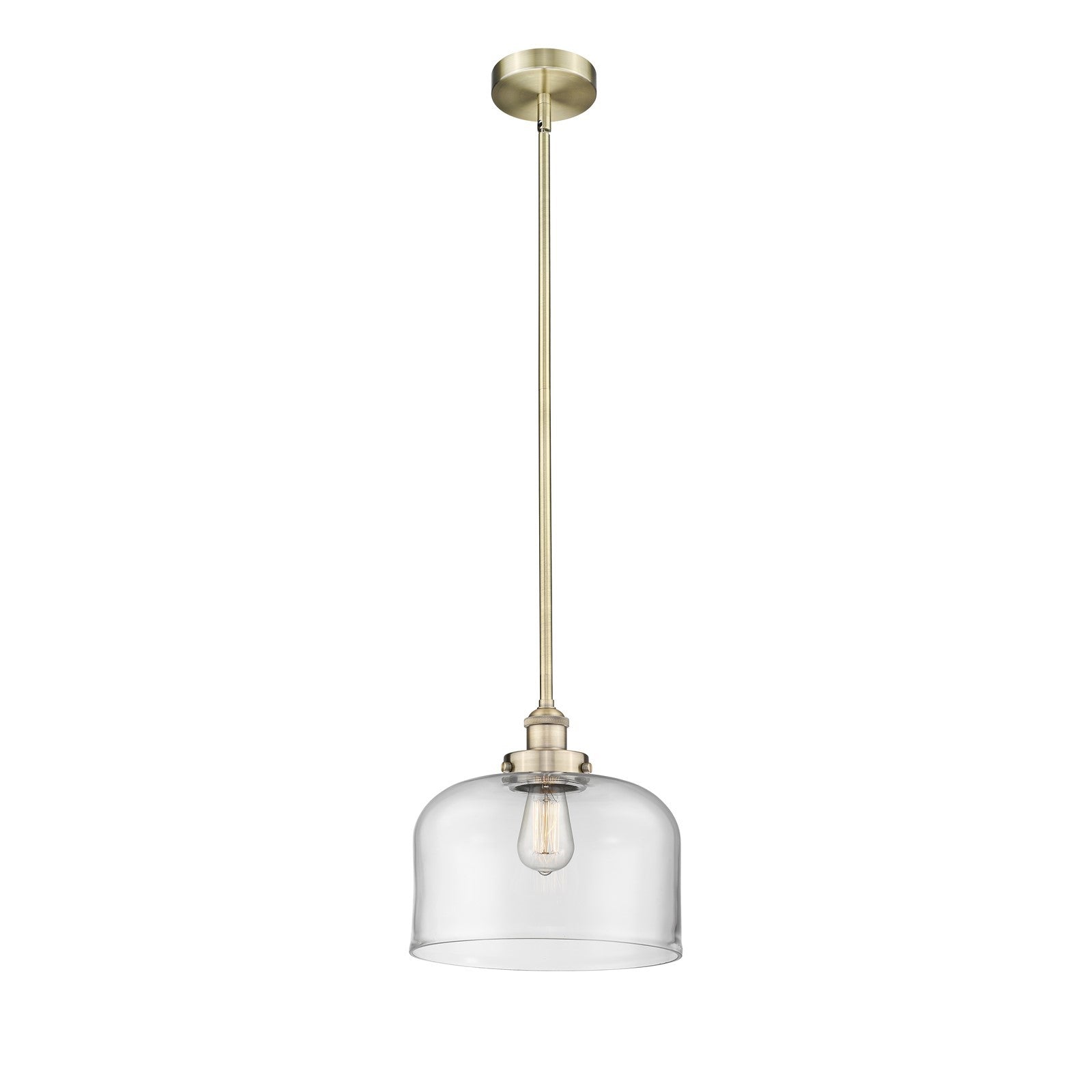 Innovations Bell 12in 1-Light Mini Pendant | Industrial Antique Brass Steel and Clear Glass | Kitchen Island & Dining Room | Model 616-1SH-AB-G72-L-LED
