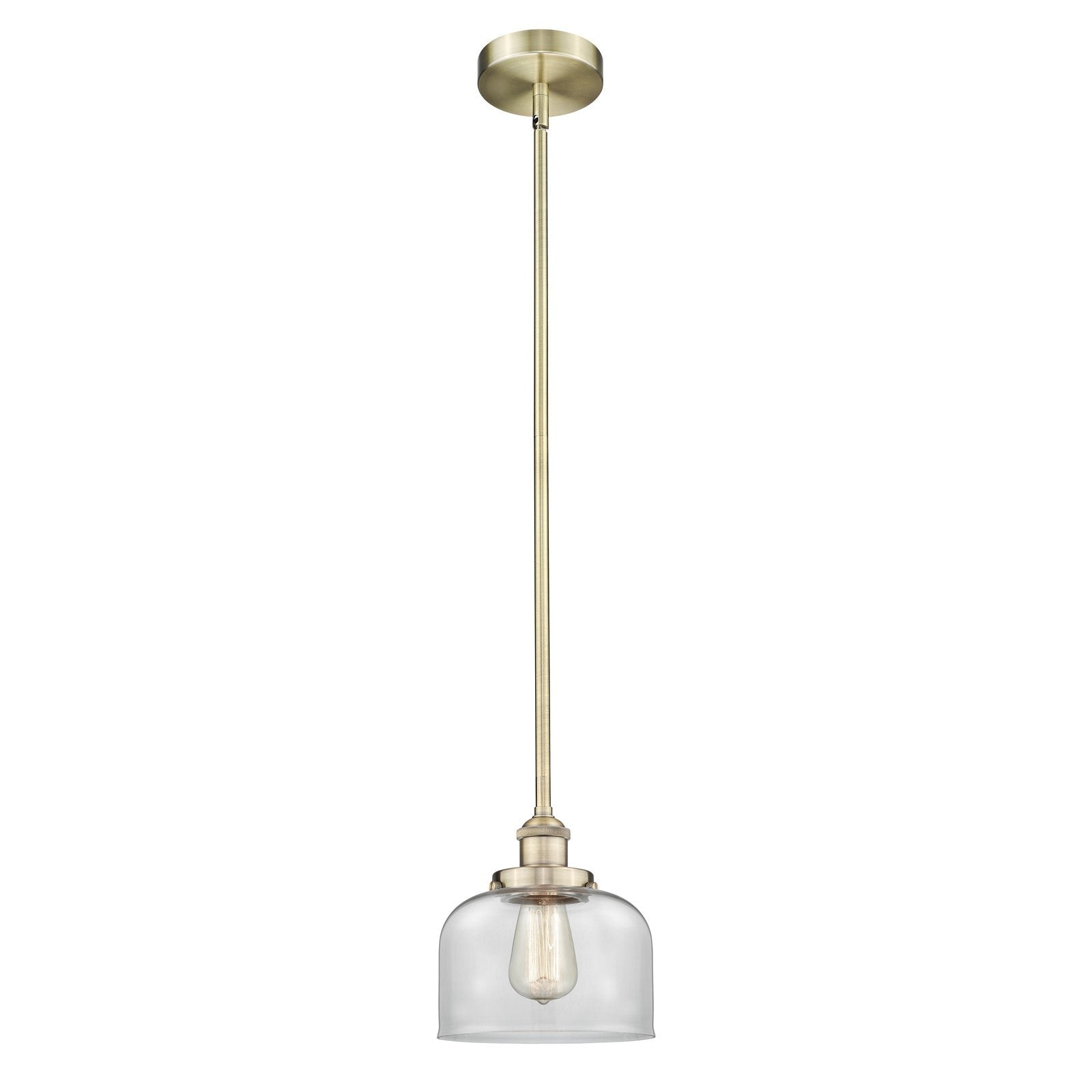 Innovations Bell 8in 1-Light Mini Pendant | Industrial Antique Brass and Clear Glass | Kitchen Island & Dining Room | 7.75 x | Model 616-1SH-AB-G72-LED