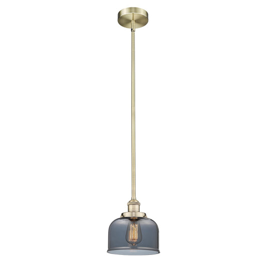 Innovations Bell 8in 1-Light Mini Pendant | Industrial Antique Brass Steel and Light Smoke Glass | Kitchen Island | 7.75 x 7.75 | Model 616-1SH-AB-G73-LED