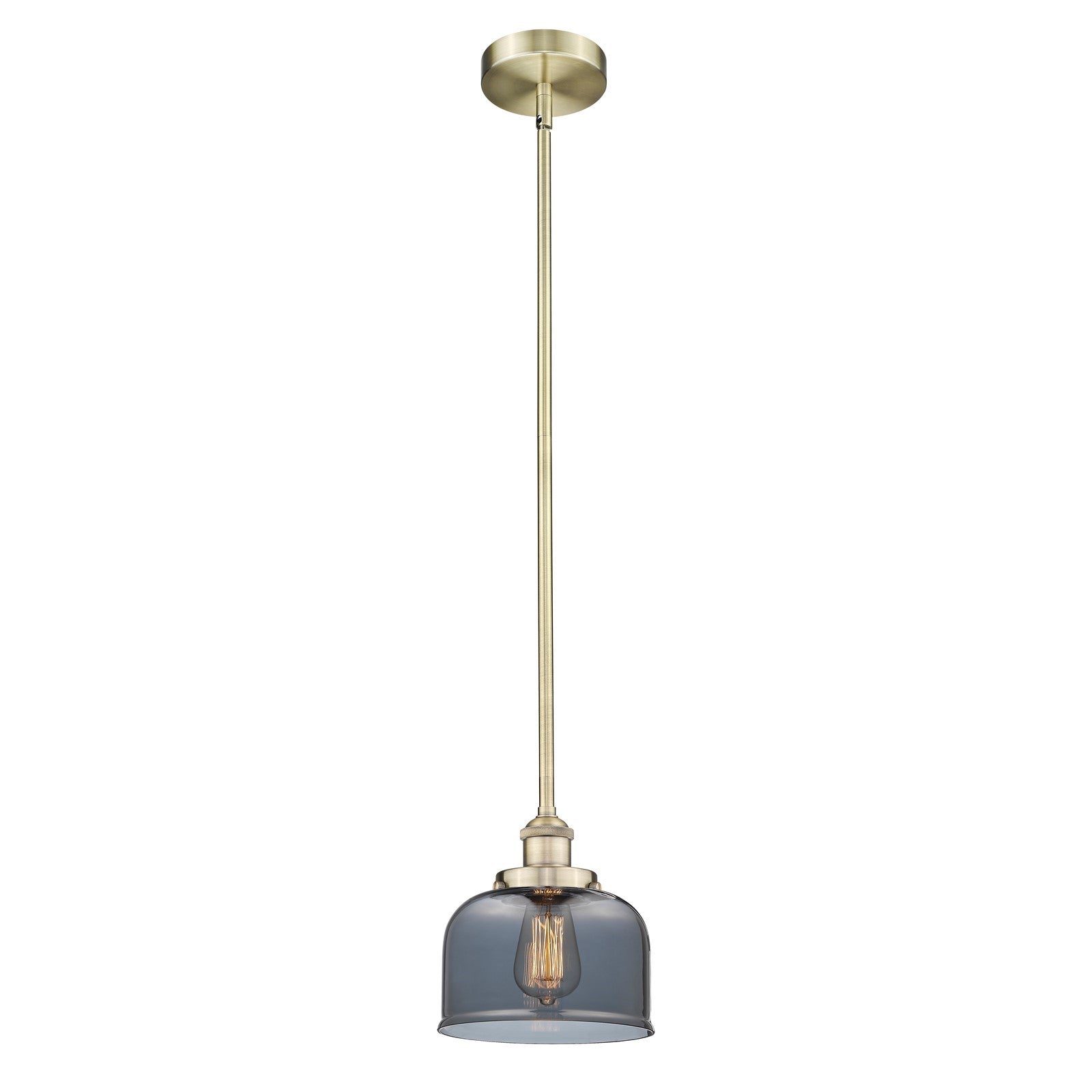 Innovations Bell 8in 1-Light Mini Pendant | Industrial Antique Brass Steel and Light Smoke Glass | Kitchen Island | 7.75 x 7.75 | Model 616-1SH-AB-G73-LED