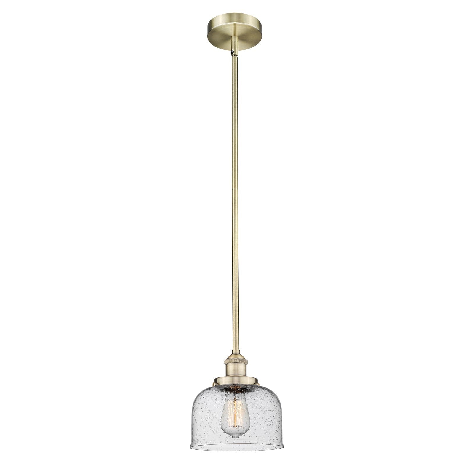 Innovations Bell 8in 1-Light Mini Pendant | Industrial Antique Brass Steel and Seedy Glass | Kitchen Island & Dining Room | Model 616-1SH-AB-G74-LED
