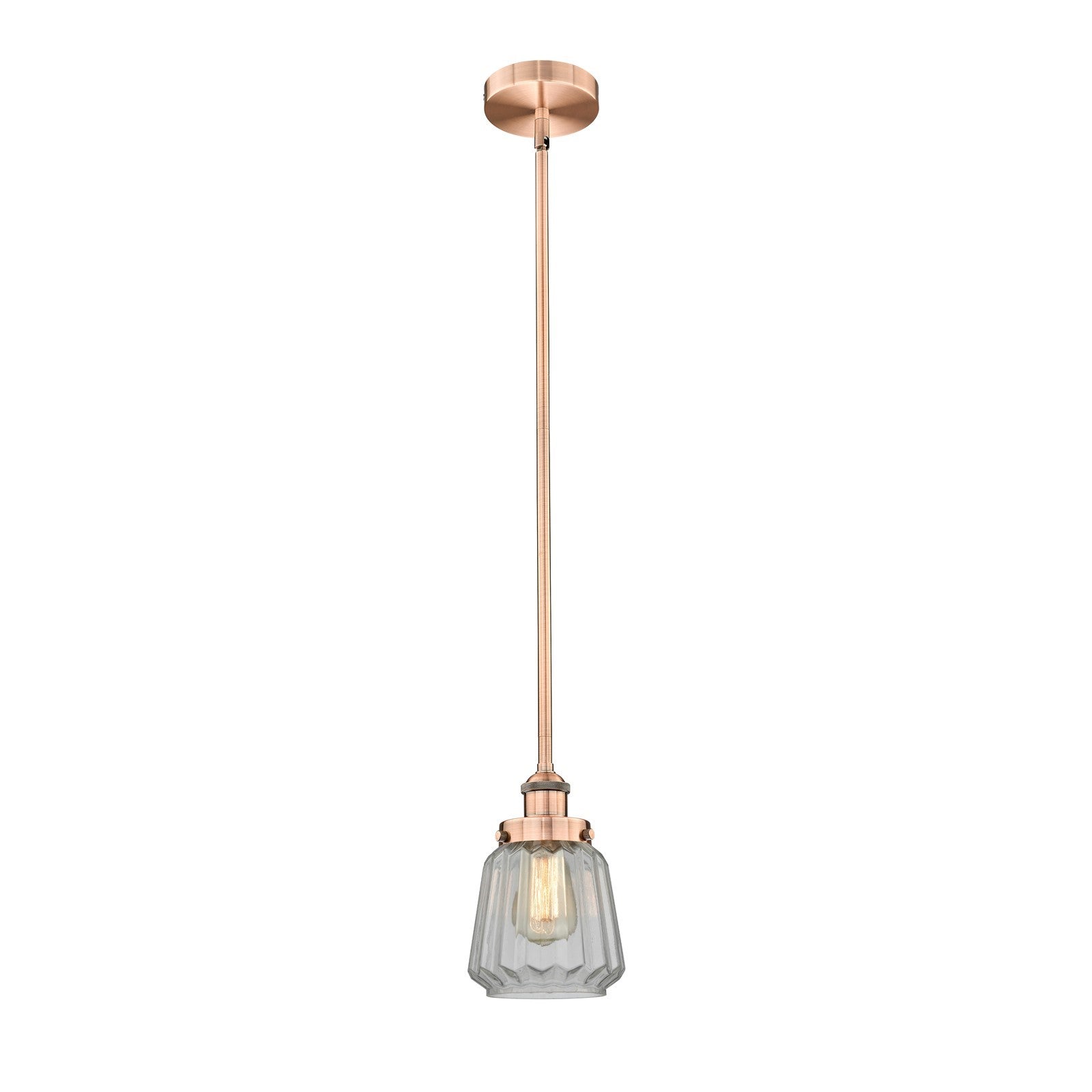Innovations Lighting Chatham 7in 1-Light Mini Pendant | Art Deco Antique Copper Steel and Clear Ribbed Glass | Kitchen Island | Model 616-1SH-AC-G142-LED