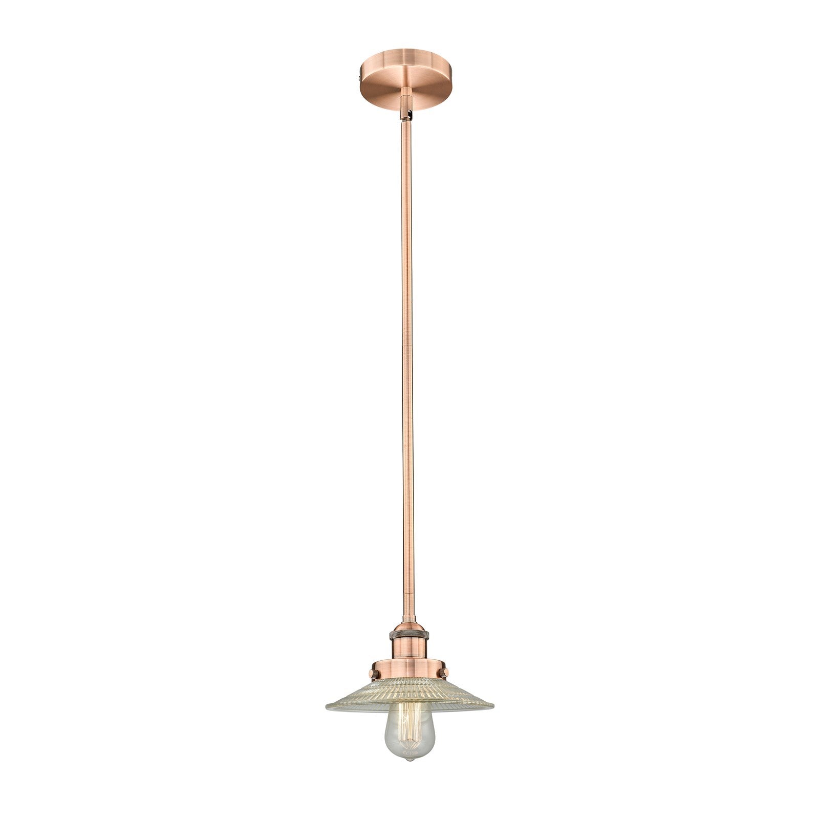 Innovations Halophane 9in 1-Light Mini Pendant | Industrial Antique Copper Steel and Clear Halophane Glass | Kitchen Island & | Model 616-1SH-AC-G2-LED