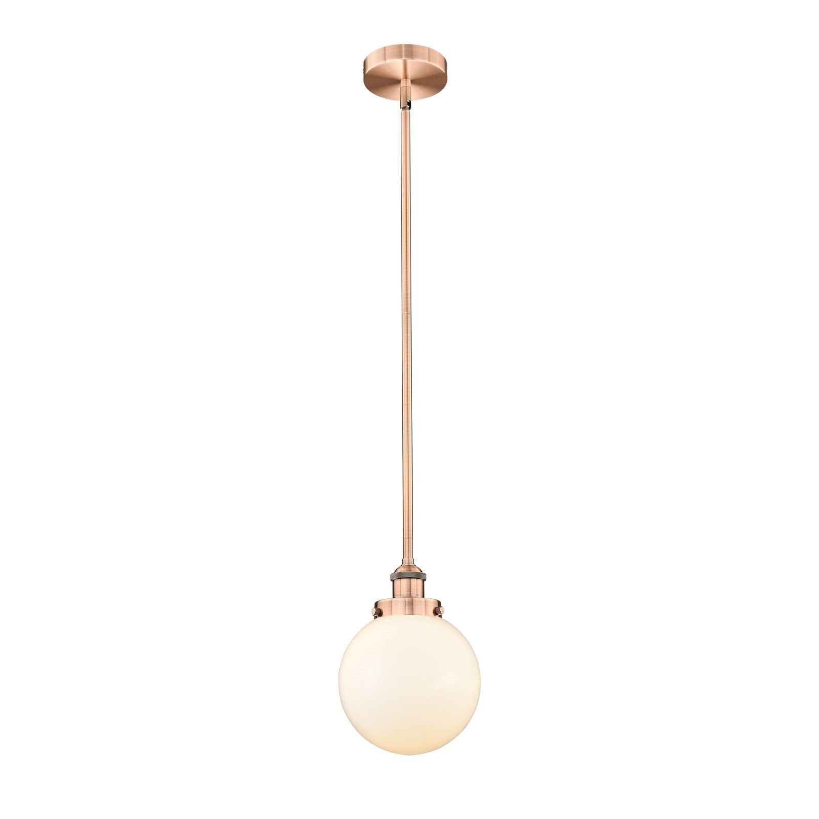 Innovations Beacon 8in 1-Light Mini Pendant | Industrial Antique Copper Steel and Matte White Frosted Glass | Kitchen Island & | Model 616-1SH-AC-G201-8