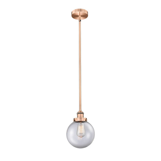 Innovations Beacon 8in 1-Light Mini Pendant | Industrial Antique Copper Steel and Clear Glass | Kitchen Island & Dining Room | 8 | Model 616-1SH-AC-G202-8